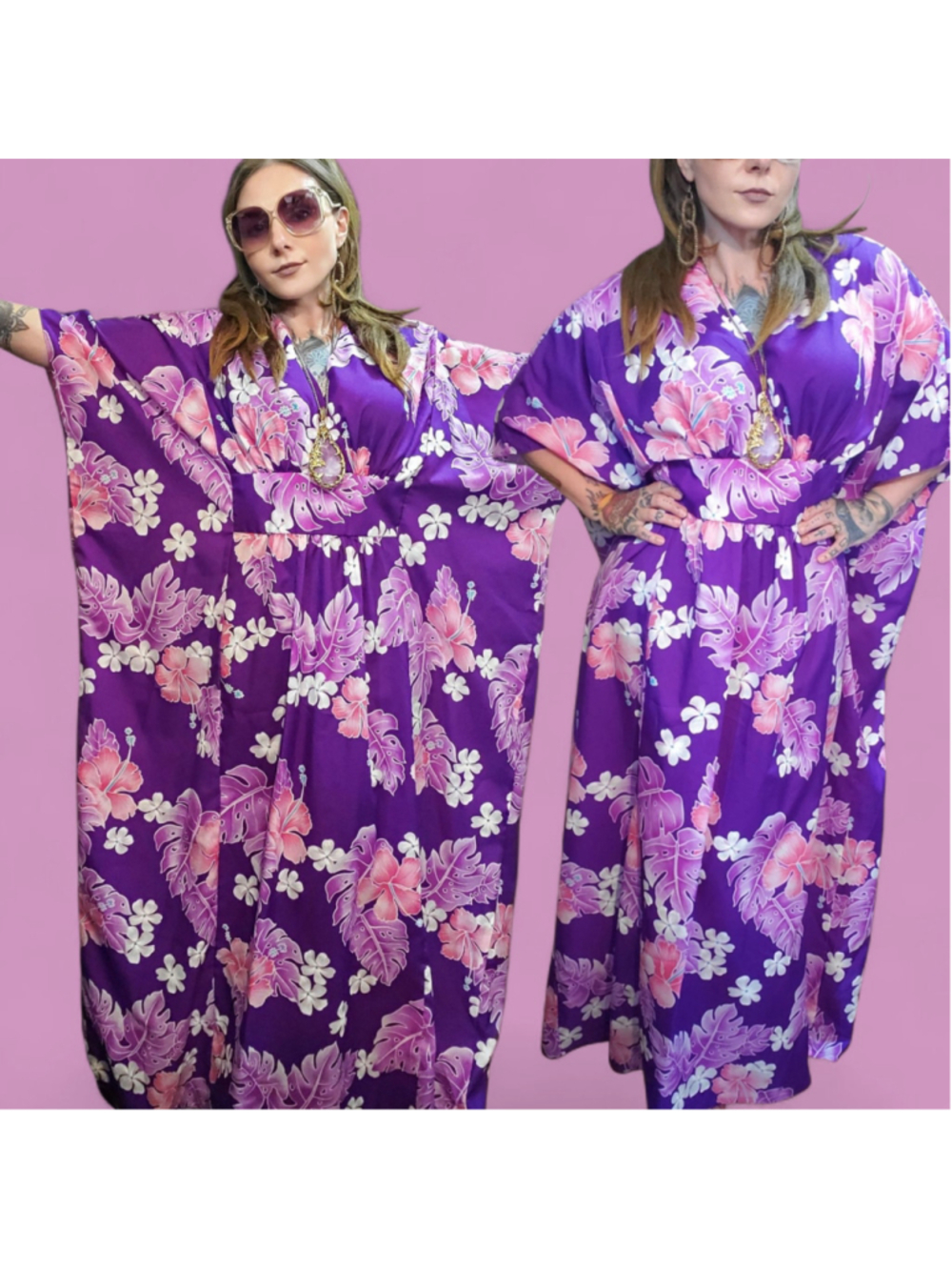 Vintage 70s 80s Hawaiian Floral Purple Pink Blue Kaftan Caftan Maxi Dress